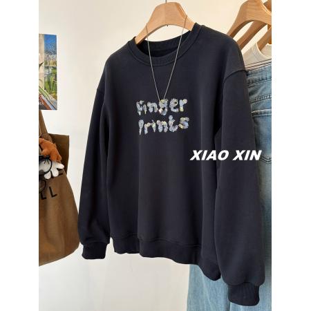 FA50943# 华棉复合超柔大码300斤彩色字母刺绣加绒圆领卫衣女宽松保暖上衣 服裝批發女裝批發服飾貨源