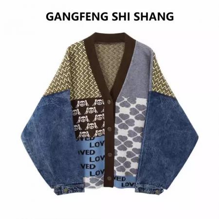 FA50946# 美式牛仔拼接毛衣外套女秋冬新款韩版宽松提花开衫潮v领 服裝批發女裝批發服飾貨源