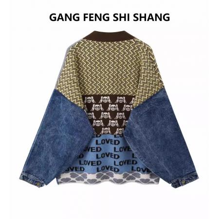 FA50946# 美式牛仔拼接毛衣外套女秋冬新款韩版宽松提花开衫潮v领 服裝批發女裝批發服飾貨源