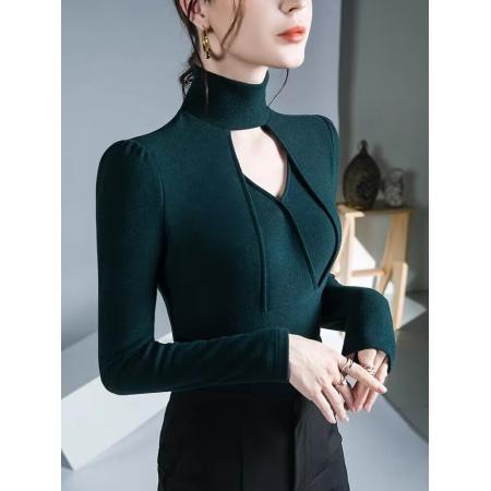 FA50949# 设计感别致镂空上衣春秋新款时尚小高领打底衫洋气内搭长袖 服裝批發女裝批發服飾貨源