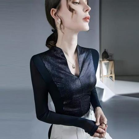 FA50950# 欧洲站气质时尚上衣秋冬新款女装内搭网纱别致性感长袖打底衫 服裝批發女裝批發服飾貨源