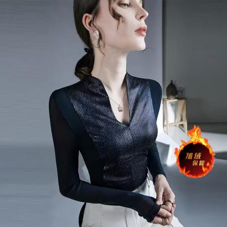 FA50950# 欧洲站气质时尚上衣秋冬新款女装内搭网纱别致性感长袖打底衫 服裝批發女裝批發服飾貨源