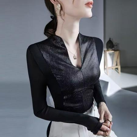 FA50950# 欧洲站气质时尚上衣秋冬新款女装内搭网纱别致性感长袖打底衫 服裝批發女裝批發服飾貨源