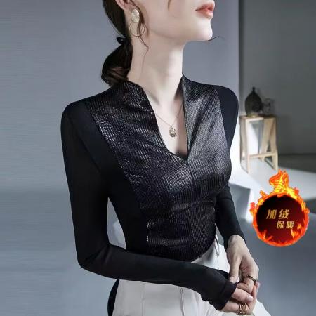 FA50950# 欧洲站气质时尚上衣秋冬新款女装内搭网纱别致性感长袖打底衫 服裝批發女裝批發服飾貨源