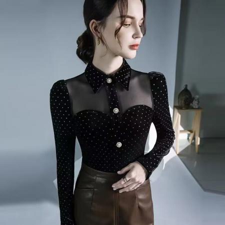 FA50951# 欧洲站翻领打底衫女秋冬秋季新款设计感别致波点性感漂亮小衫 服裝批發女裝批發服飾貨源