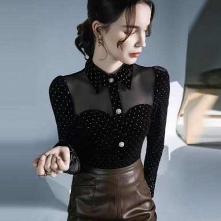 FA50951# 欧洲站翻领打底衫女秋冬秋季新款设计感别致波点性感漂亮小衫 服裝批發女裝批發服飾貨源