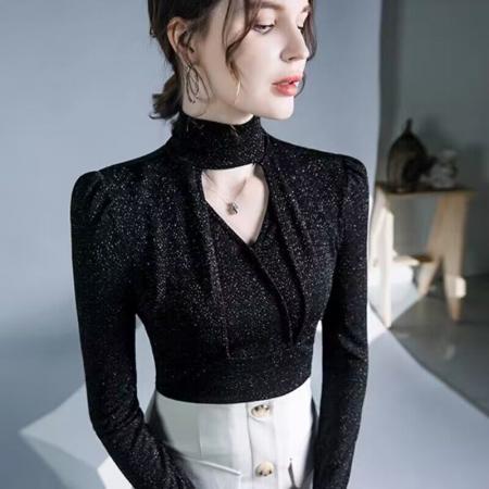 FA50953# 欧洲站挂脖打底衫女内搭新款亮丝洋气小衫秋冬气质别致上衣 服裝批發女裝批發服飾貨源