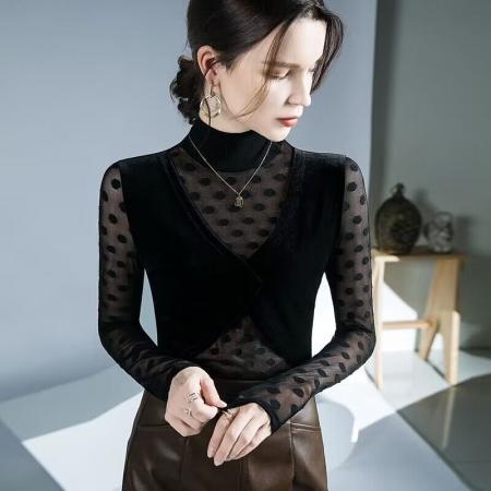 FA50954# 欧洲站黑色打底衫女秋装新款半高领丝绒波点网纱拼接高级上衣 服裝批發女裝批發服飾貨源