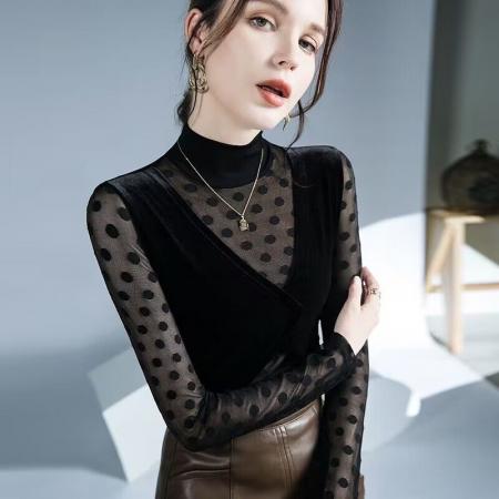 FA50954# 欧洲站黑色打底衫女秋装新款半高领丝绒波点网纱拼接高级上衣 服裝批發女裝批發服飾貨源