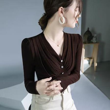 FA50955# 欧洲站双面德绒V领长袖小衫女秋冬新款绒面褶皱设计感打底衫 服裝批發女裝批發服飾貨源