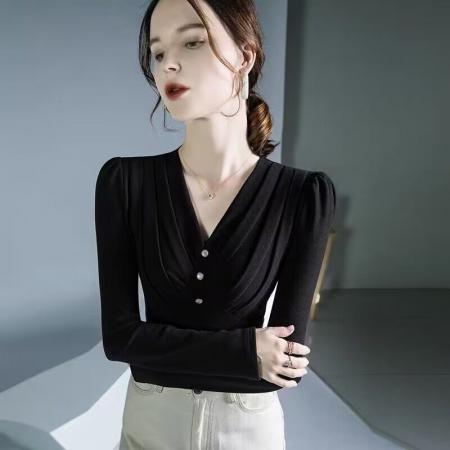 FA50955# 欧洲站双面德绒V领长袖小衫女秋冬新款绒面褶皱设计感打底衫 服裝批發女裝批發服飾貨源