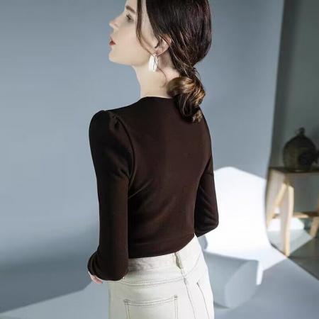 FA50955# 欧洲站双面德绒V领长袖小衫女秋冬新款绒面褶皱设计感打底衫 服裝批發女裝批發服飾貨源