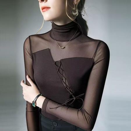 FA50956# 秋冬内搭修身网纱拼接长袖高领打底衫女性感露背漂亮时尚别致上衣 服裝批發女裝批發服飾貨源