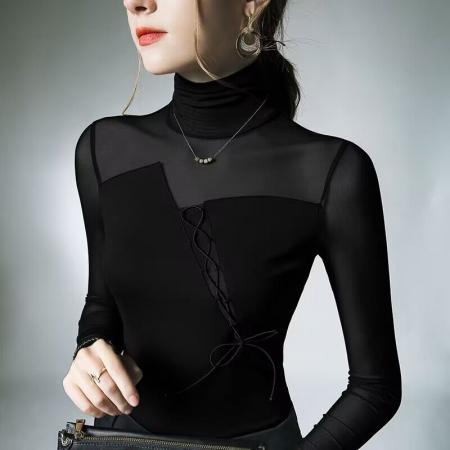 FA50956# 秋冬内搭修身网纱拼接长袖高领打底衫女性感露背漂亮时尚别致上衣 服裝批發女裝批發服飾貨源