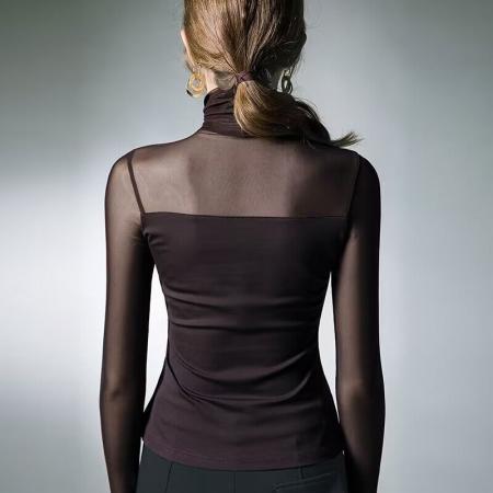 FA50956# 秋冬内搭修身网纱拼接长袖高领打底衫女性感露背漂亮时尚别致上衣 服裝批發女裝批發服飾貨源