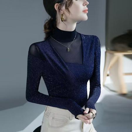 FA50958# 欧洲站网纱打底衫女秋冬新款内搭亮丝洋气上衣法式漂亮小衫 服裝批發女裝批發服飾貨源