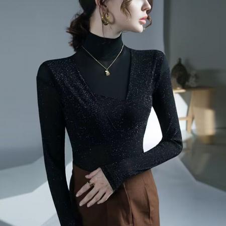 FA50958# 欧洲站网纱打底衫女秋冬新款内搭亮丝洋气上衣法式漂亮小衫 服裝批發女裝批發服飾貨源