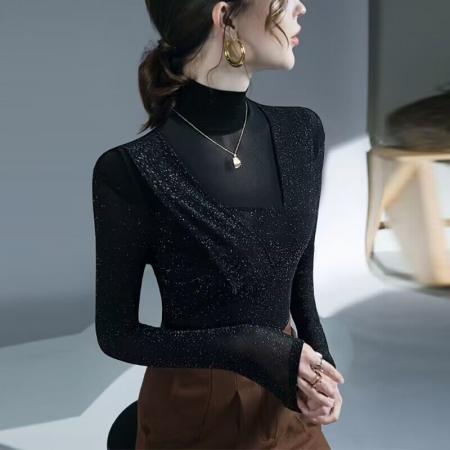 FA50958# 欧洲站网纱打底衫女秋冬新款内搭亮丝洋气上衣法式漂亮小衫 服裝批發女裝批發服飾貨源