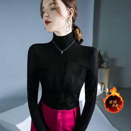 FA50959# 欧洲站高领打底衫女内搭秋冬新款设计感撞色别致不规则小衫 服裝批發女裝批發服飾貨源