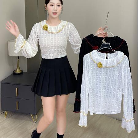 FA50960# 新款韩版蕾丝打底衫秋冬季荷叶娃娃领撞色减龄长袖上衣配胸花 服裝批發女裝批發服飾貨源