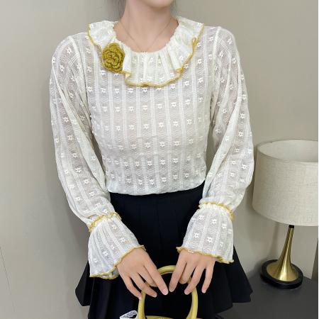 FA50960# 新款韩版蕾丝打底衫秋冬季荷叶娃娃领撞色减龄长袖上衣配胸花 服裝批發女裝批發服飾貨源