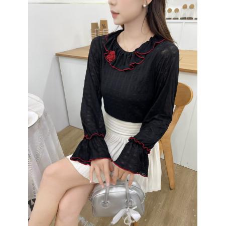 FA50960# 新款韩版蕾丝打底衫秋冬季荷叶娃娃领撞色减龄长袖上衣配胸花 服裝批發女裝批發服飾貨源