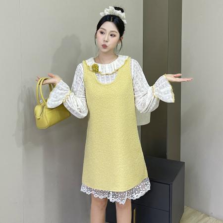 FA50960# 新款韩版蕾丝打底衫秋冬季荷叶娃娃领撞色减龄长袖上衣配胸花 服裝批發女裝批發服飾貨源