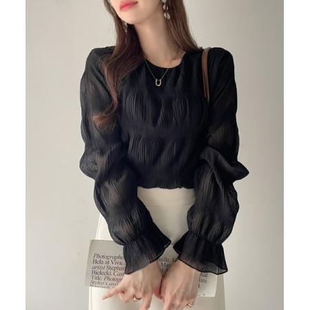 FA50961# 早春秋季超仙压褶雪纺衫宽松百搭长袖洋气女装褶皱圆领打底衫上衣 服裝批發女裝批發服飾貨源