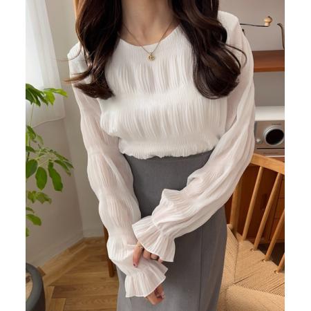 FA50961# 早春秋季超仙压褶雪纺衫宽松百搭长袖洋气女装褶皱圆领打底衫上衣 服裝批發女裝批發服飾貨源