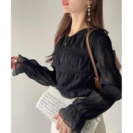 FA50961# 早春秋季超仙压褶雪纺衫宽松百搭长袖洋气女装褶皱圆领打底衫上衣 服裝批發女裝批發服飾貨源