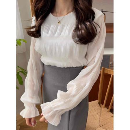 FA50961# 早春秋季超仙压褶雪纺衫宽松百搭长袖洋气女装褶皱圆领打底衫上衣 服裝批發女裝批發服飾貨源