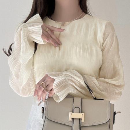 FA50961# 早春秋季超仙压褶雪纺衫宽松百搭长袖洋气女装褶皱圆领打底衫上衣 服裝批發女裝批發服飾貨源