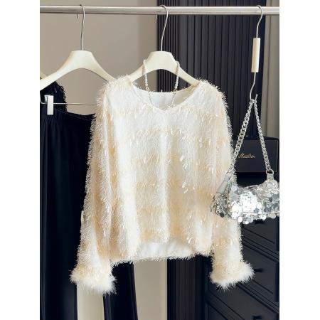 FA50962# 流苏亮片毛绒长袖蕾丝衫女小个子春秋冬季新款短款小香风上衣 服裝批發女裝批發服飾貨源