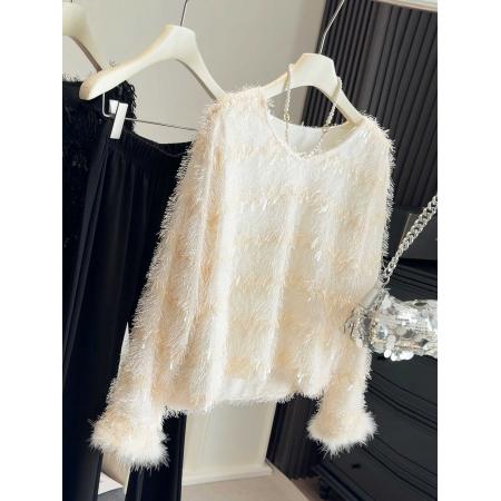 FA50962# 流苏亮片毛绒长袖蕾丝衫女小个子春秋冬季新款短款小香风上衣 服裝批發女裝批發服飾貨源