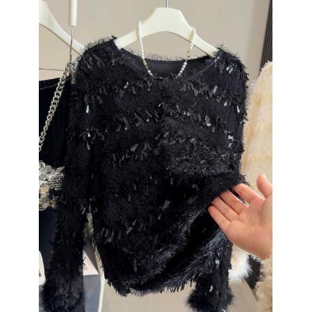 FA50962# 流苏亮片毛绒长袖蕾丝衫女小个子春秋冬季新款短款小香风上衣 服裝批發女裝批發服飾貨源