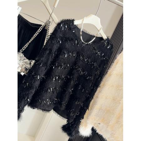 FA50962# 流苏亮片毛绒长袖蕾丝衫女小个子春秋冬季新款短款小香风上衣 服裝批發女裝批發服飾貨源