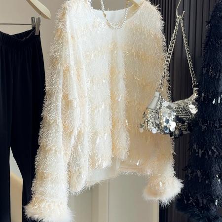 FA50962# 流苏亮片毛绒长袖蕾丝衫女小个子春秋冬季新款短款小香风上衣 服裝批發女裝批發服飾貨源