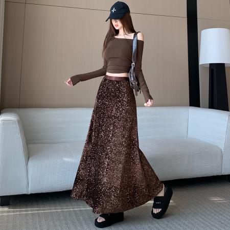 FA50964# 高级感亮片鱼尾半身裙女秋冬新款高腰显瘦百搭气质包臀a字大摆裙 服裝批發女裝批發服飾貨源