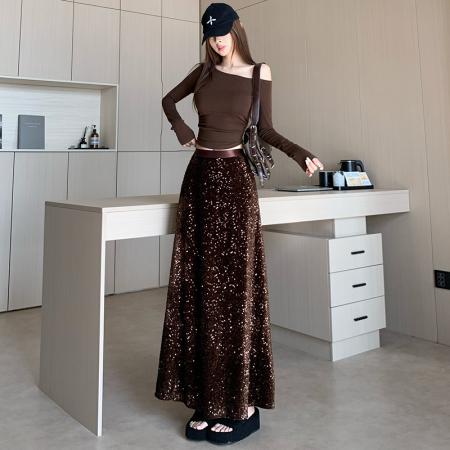 FA50964# 高级感亮片鱼尾半身裙女秋冬新款高腰显瘦百搭气质包臀a字大摆裙 服裝批發女裝批發服飾貨源