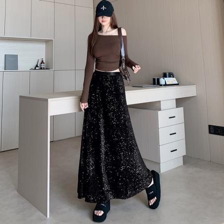 FA50964# 高级感亮片鱼尾半身裙女秋冬新款高腰显瘦百搭气质包臀a字大摆裙 服裝批發女裝批發服飾貨源