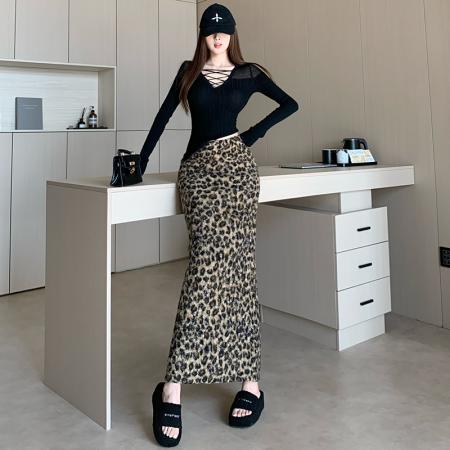 FA50965# 美式复古豹纹圈圈加厚毛呢半身裙秋冬新品百搭小众设计感长裙 服裝批發女裝批發服飾貨源