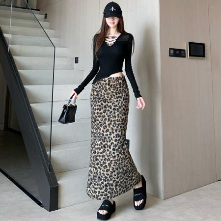 FA50965# 美式复古豹纹圈圈加厚毛呢半身裙秋冬新品百搭小众设计感长裙 服裝批發女裝批發服飾貨源