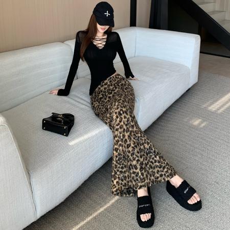 FA50965# 美式复古豹纹圈圈加厚毛呢半身裙秋冬新品百搭小众设计感长裙 服裝批發女裝批發服飾貨源