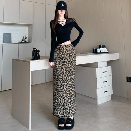 FA50965# 美式复古豹纹圈圈加厚毛呢半身裙秋冬新品百搭小众设计感长裙 服裝批發女裝批發服飾貨源