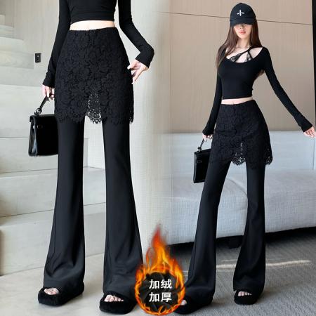 FA50966# 蕾丝拼接假两件微喇裤女冬季高腰加绒加厚修身包臀蕾丝屁帘喇叭裤 服裝批發女裝批發服飾貨源
