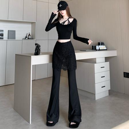 FA50966# 蕾丝拼接假两件微喇裤女冬季高腰加绒加厚修身包臀蕾丝屁帘喇叭裤 服裝批發女裝批發服飾貨源