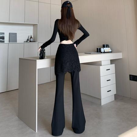 FA50966# 蕾丝拼接假两件微喇裤女冬季高腰加绒加厚修身包臀蕾丝屁帘喇叭裤 服裝批發女裝批發服飾貨源