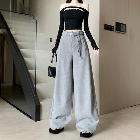 FA50967# 新款灰色羊毛弯刀阔腿裤女秋冬宽松显瘦抽绳直筒拖地长裤 服裝批發女裝批發服飾貨源