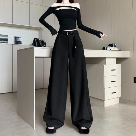 FA50967# 新款灰色羊毛弯刀阔腿裤女秋冬宽松显瘦抽绳直筒拖地长裤 服裝批發女裝批發服飾貨源