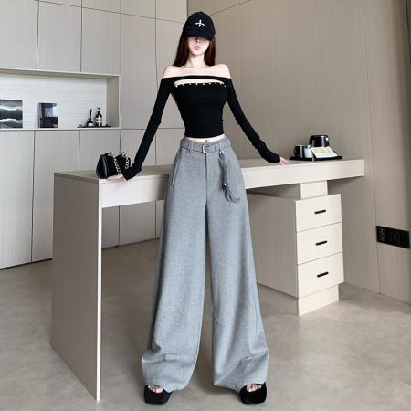 FA50967# 新款灰色羊毛弯刀阔腿裤女秋冬宽松显瘦抽绳直筒拖地长裤 服裝批發女裝批發服飾貨源